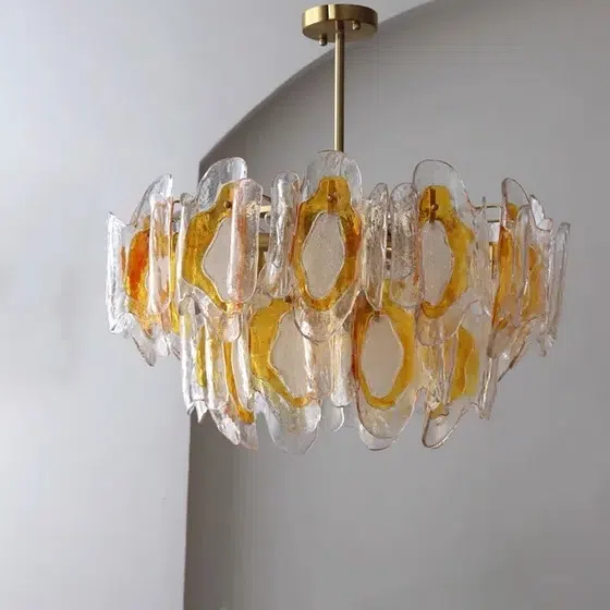 E14/E12 Amber Glass Pendant Lamp in Iron and Glass, installed view