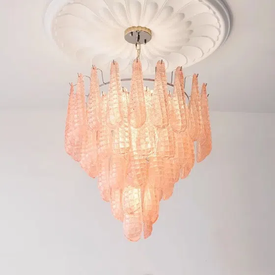 E14/E12 Transparent Pink Glass Pendant Lamp in Iron and Glass, installed view
