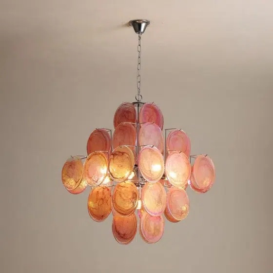 E14/E12 Pink Glass Pendant Light in Iron and Glass, product photograph