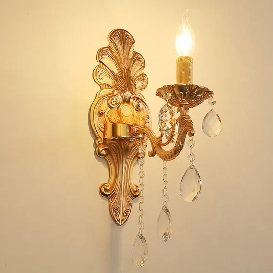 E14 Gold Crystal Candle Wall Light in Glass and Iron and Crystal, installed view
