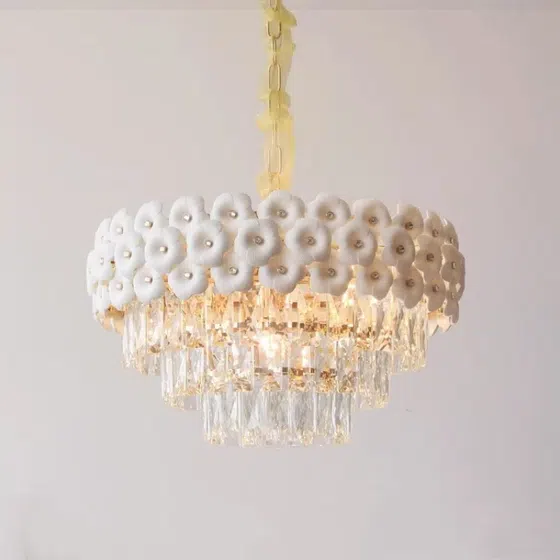 E14 Iron Ceramic Crystal Pendant Lamp in Iron Plating and Ceramic and Crystal, product photograph