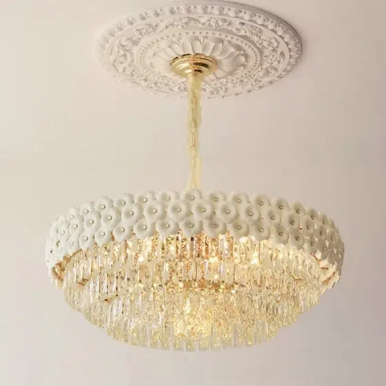 E14 Iron Ceramic Crystal Pendant Lamp in Iron Plating and Ceramic and Crystal, detail view