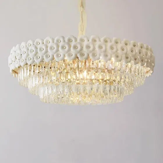 E14 Iron Ceramic Crystal Pendant Lamp in Iron Plating and Ceramic and Crystal, installed view
