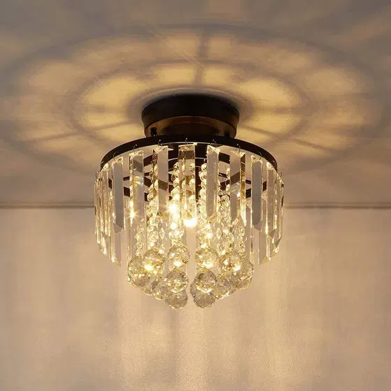 E14 Round Iron Crystal Ceiling Light in Iron and Crystal, installed view