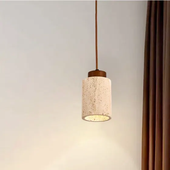 E27/E26 Yellow Travertine Wood Pendant Light in Yellow Travertine and Wood and Metal, product photograph