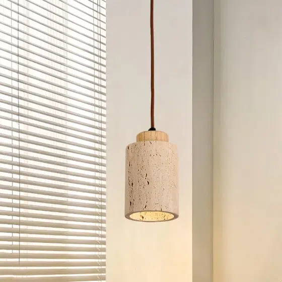 E27/E26 Yellow Travertine Wood Pendant Light in Yellow Travertine and Wood and Metal, detail view