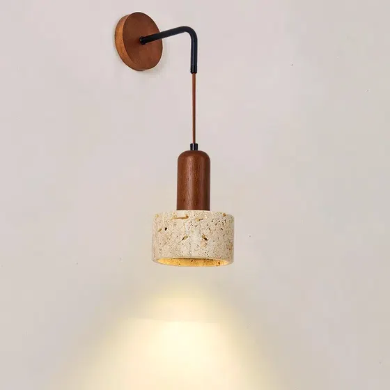 E27/E26 Yellow Travertine Wood Wall Lamp in Wood and Yellow Travertine, product photograph