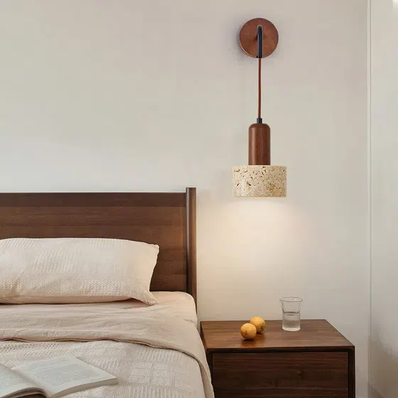 E27/E26 Yellow Travertine Wood Wall Lamp in Wood and Yellow Travertine, installed view