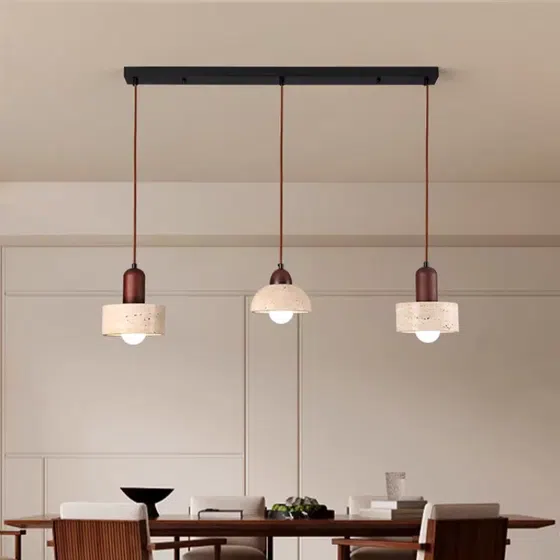 E27/E26 Yellow Brown Pendant Light in Yellow Travertine and Wood and Metal, product photograph