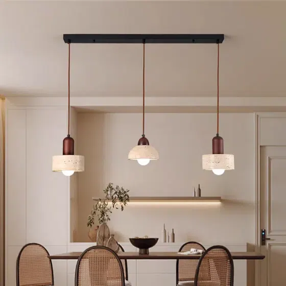 E27/E26 Yellow Brown Pendant Light in Yellow Travertine and Wood and Metal, detail view