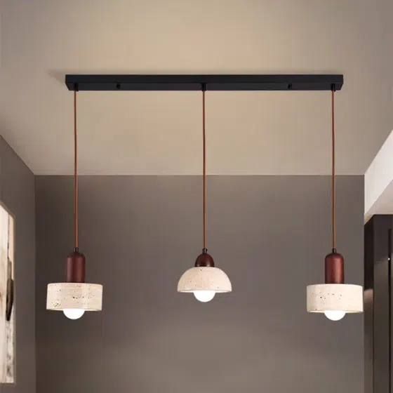 E27/E26 Yellow Brown Pendant Light in Yellow Travertine and Wood and Metal, installed view