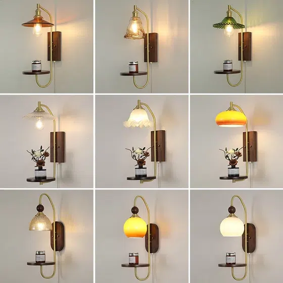 E27 LED Copper Wood Glass Wall Lamp in Copper and Wood, product photograph