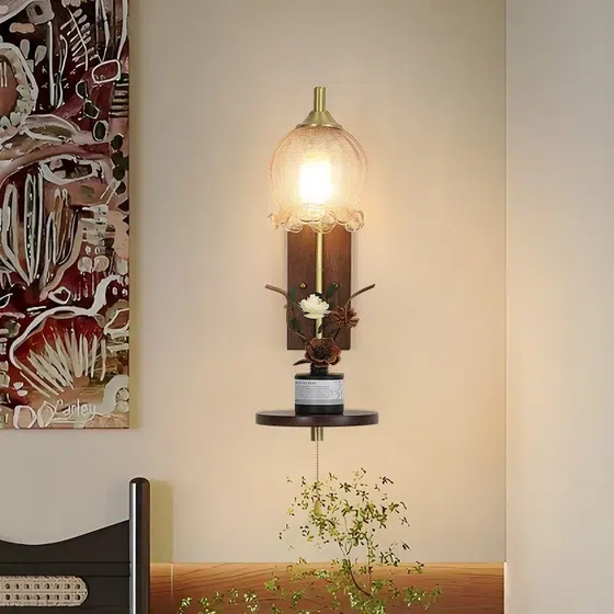 E27 LED Copper Wood Glass Wall Lamp in Copper and Wood, detail view