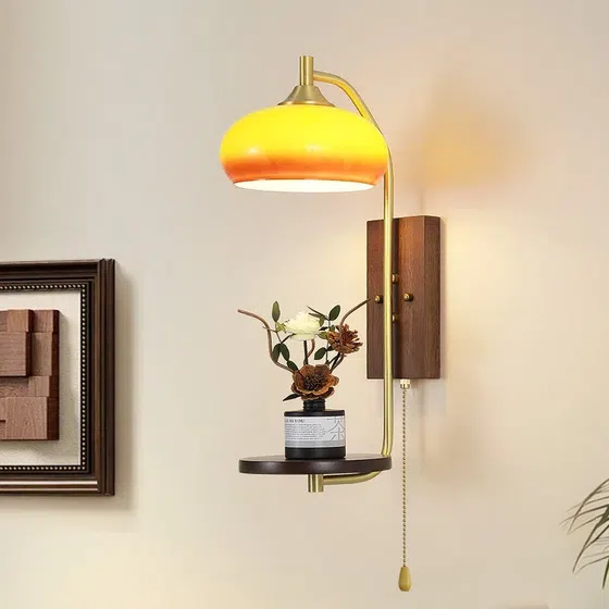 E27 LED Copper Wood Glass Wall Lamp in Copper and Wood, installed view
