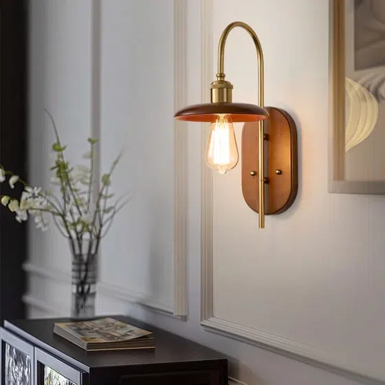 E27 Modern Nordic Wood Iron Wall Lamp in Iron and Wood, detail view