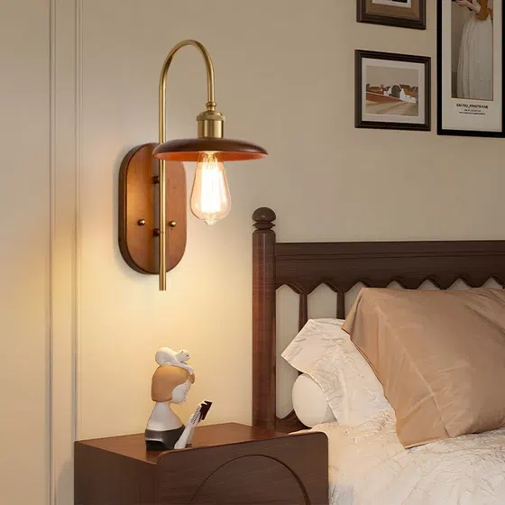 E27 Modern Nordic Wood Iron Wall Lamp in Iron and Wood, installed view