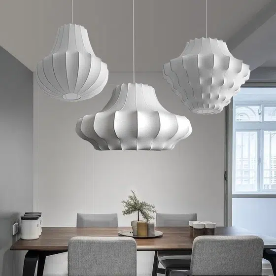 E27/E26 White Silk Iron Pendant Light in Iron and Silk, product photograph