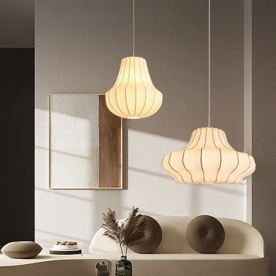 E27/E26 White Silk Iron Pendant Light in Iron and Silk, installed view