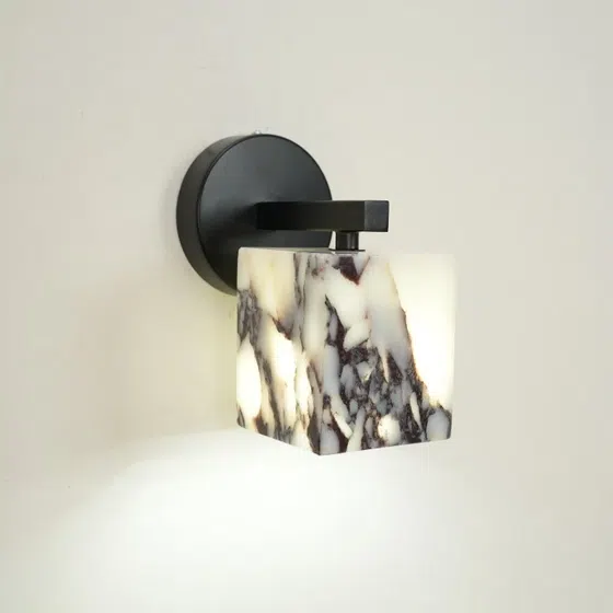 Edge 85mm Cube Marble Wall Lamp in Hardware and Bulgari Stone, product photograph