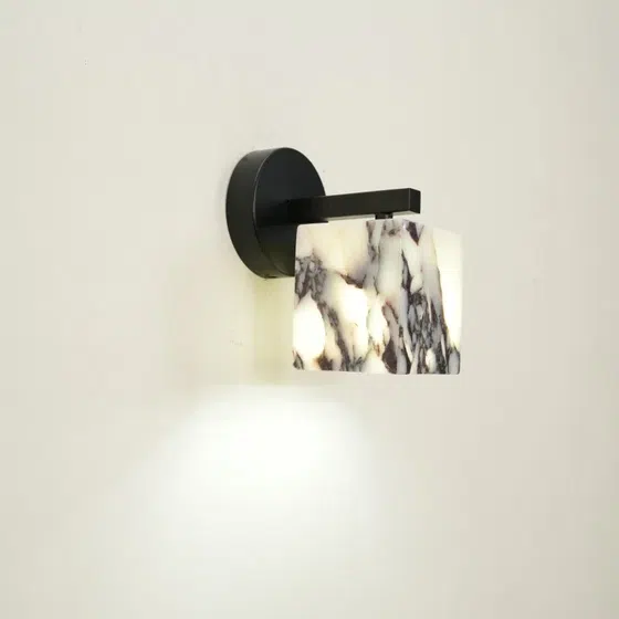 Edge 85mm Cube Marble Wall Lamp in Hardware and Bulgari Stone, detail view