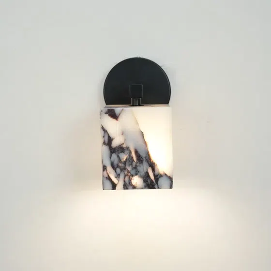 Edge 85mm Cube Marble Wall Lamp in Hardware and Bulgari Stone, installed view