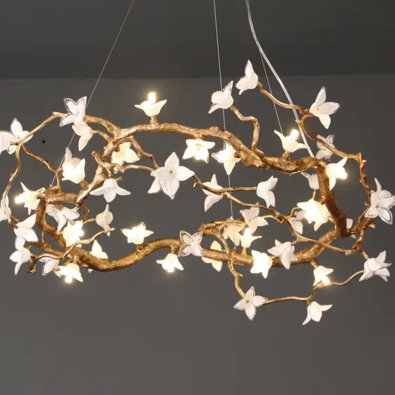H40CM Flower Brass Tree Branch Chandelier in Copper and Glass, installed view