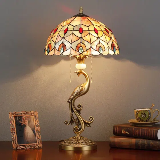 Red Flower Pastoral Shell LED Table Light in Copper and Shell, product photograph