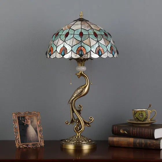 Red Flower Pastoral Shell LED Table Light in Copper and Shell, installed view