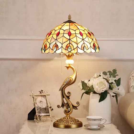 Red Flower Pastoral Shell LED Table Light in Copper and Shell, scale view