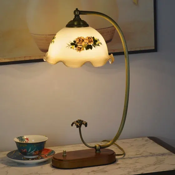 French Flower Wood Glass Table Lamp in Copper and Wood and Glass, product photograph