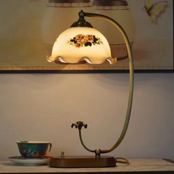 French Flower Wood Glass Table Lamp in Copper and Wood and Glass, detail view