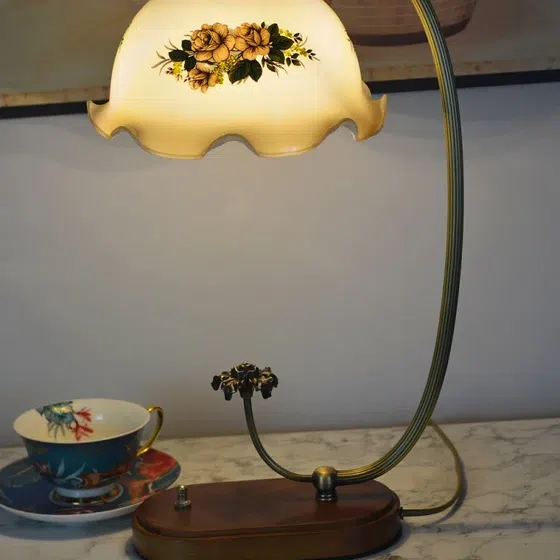French Flower Wood Glass Table Lamp in Copper and Wood and Glass, installed view