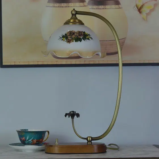 French Flower Wood Glass Table Lamp in Copper and Wood and Glass, scale view