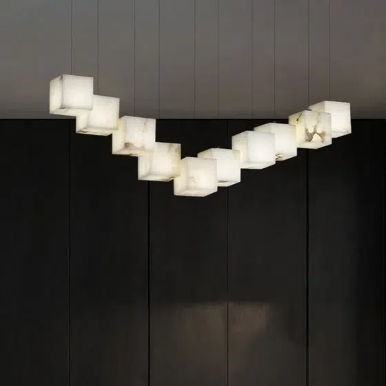 G9 Cube White Marble Pendant Light in Stainless Steel and Marble, product photograph