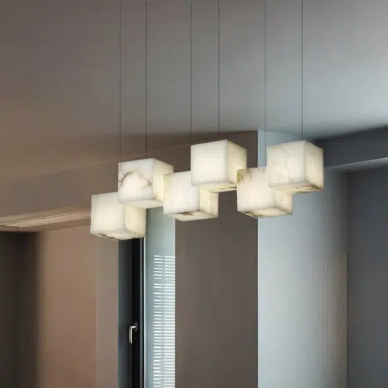 G9 Cube White Marble Pendant Light in Stainless Steel and Marble, installed view