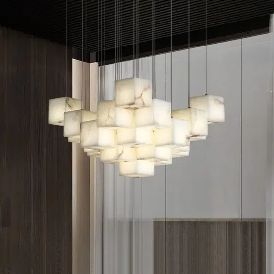 G9 Cube White Marble Pendant Light in Stainless Steel and Marble, scale view
