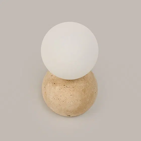 G9 Travertine Round Ball LED Wall Lamp in Wood and Yellow Travertine, detail view