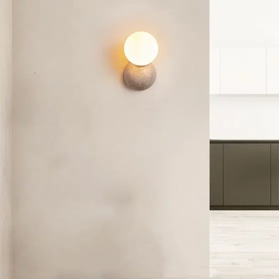 G9 Travertine Round Ball LED Wall Lamp in Wood and Yellow Travertine, installed view