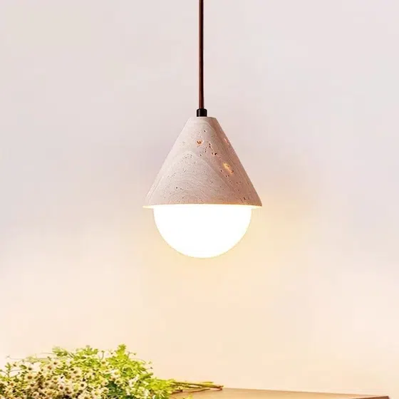 G9 Travertine Stone LED Pendant Lamp in Yellow Travertine and Wood and Metal, product photograph