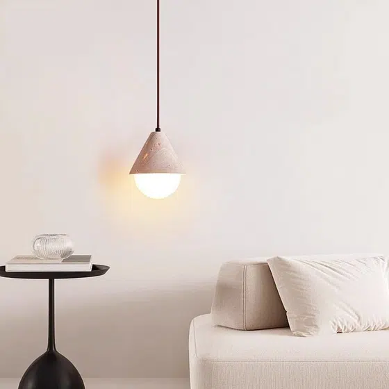 G9 Travertine Stone LED Pendant Lamp in Yellow Travertine and Wood and Metal, detail view