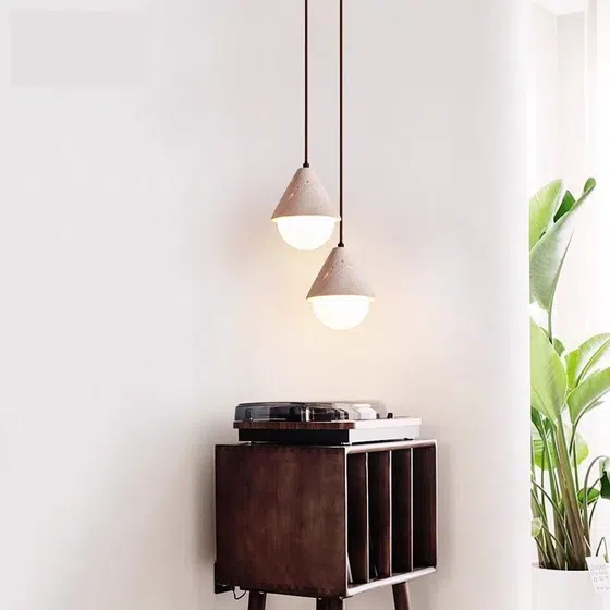 G9 Travertine Stone LED Pendant Lamp in Yellow Travertine and Wood and Metal, installed view