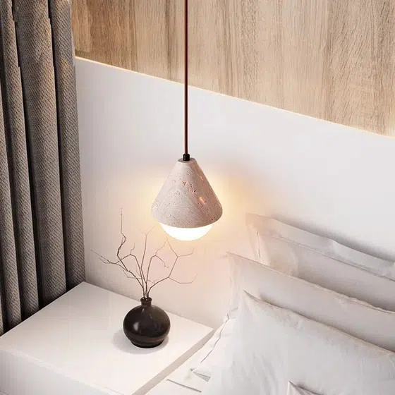 G9 Travertine Stone LED Pendant Lamp in Yellow Travertine and Wood and Metal, scale view