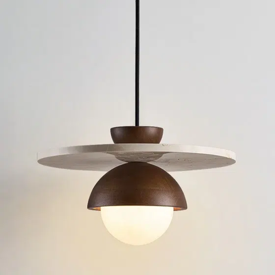 G9 Wooden Stone Pendant Light in Yellow Travertine and Wood and Metal, product photograph