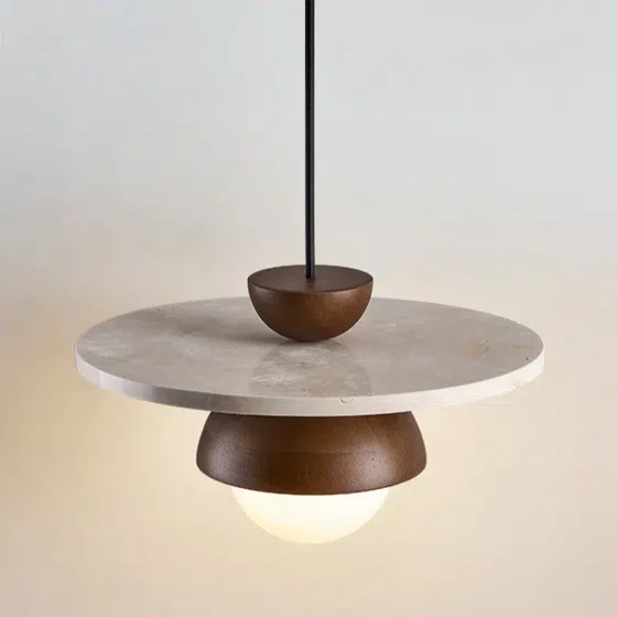 G9 Wooden Stone Pendant Light in Yellow Travertine and Wood and Metal, detail view