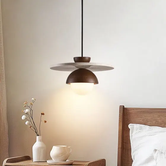 G9 Wooden Stone Pendant Light in Yellow Travertine and Wood and Metal, installed view