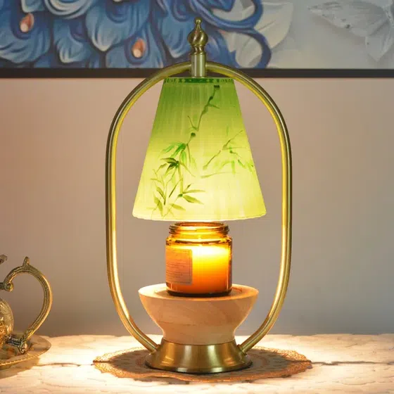 Dimmable Glass Candle Warmer Table Light in Copper and Wood and Glass, installed view