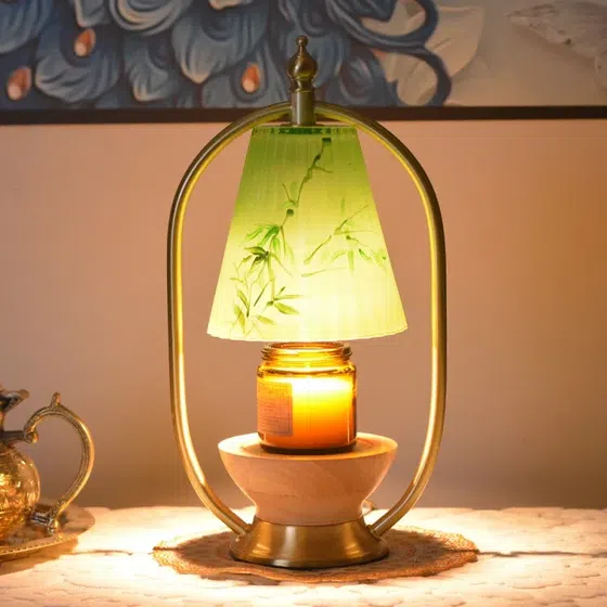 Dimmable Glass Candle Warmer Table Light in Copper and Wood and Glass, scale view