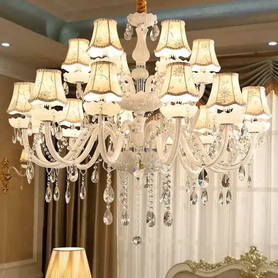 Retro Glass Crystal Candle Chandelier in Iron and Crystal and Glass and Fabric, installed view