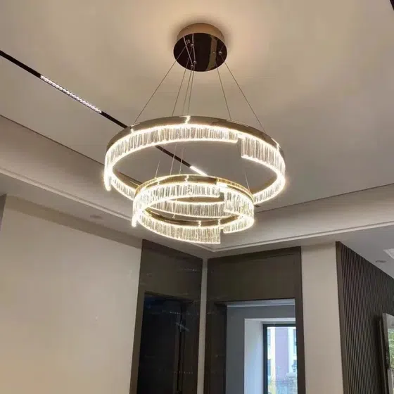 Gold Aluminum LED Circle Pendant Light in Aluminum Plating and Acrylic, installed view