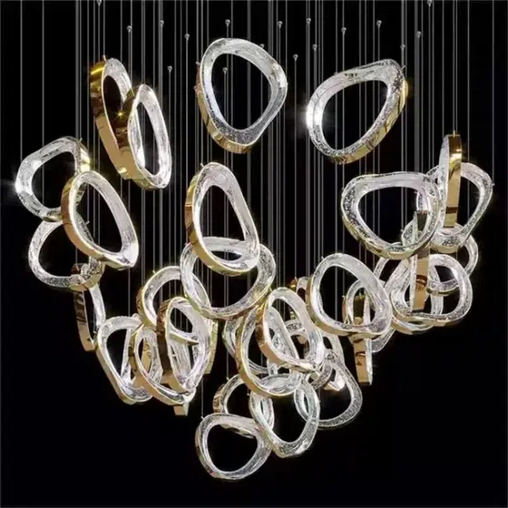 Gold Transparent Circle Custom Glass Chandelier in Stainless Steel and Glass, product photograph